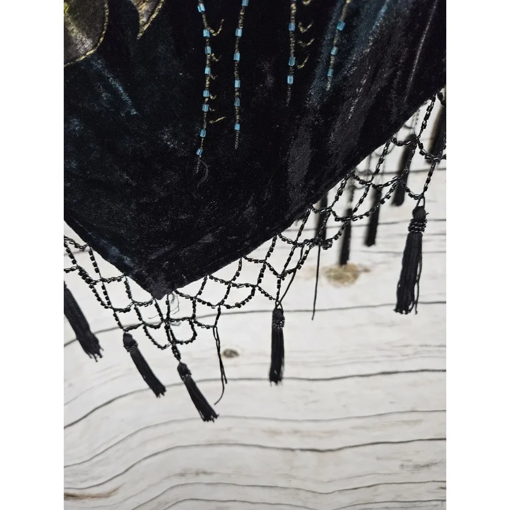 Coldwater Creek Velvet Beaded Fringe Poncho OS Peacock Feather Print Tassels